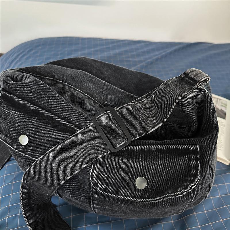 Borsa Hobo in Denim Lavato Vintage con Doppie Tasche Frontali a Pattina Borsa a Spalla Casual Morbida per Donne Quotidiana