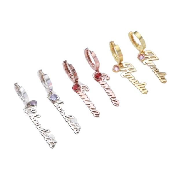 Qiuhan Stainless Steel Loose-fitting 18k Gold and Silver Plated Birthstone Personalized Custom Name Pendant Earrings розовый