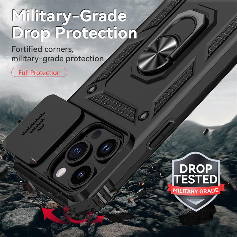 Pour iPhone 11 12 13 14 15 Pro Max Coque Coulissante Caméra Armure Étuis de Téléphone Pour iPhone 15 Plus X XS XR 13 14 Pro Support Anneau Coque Arrière