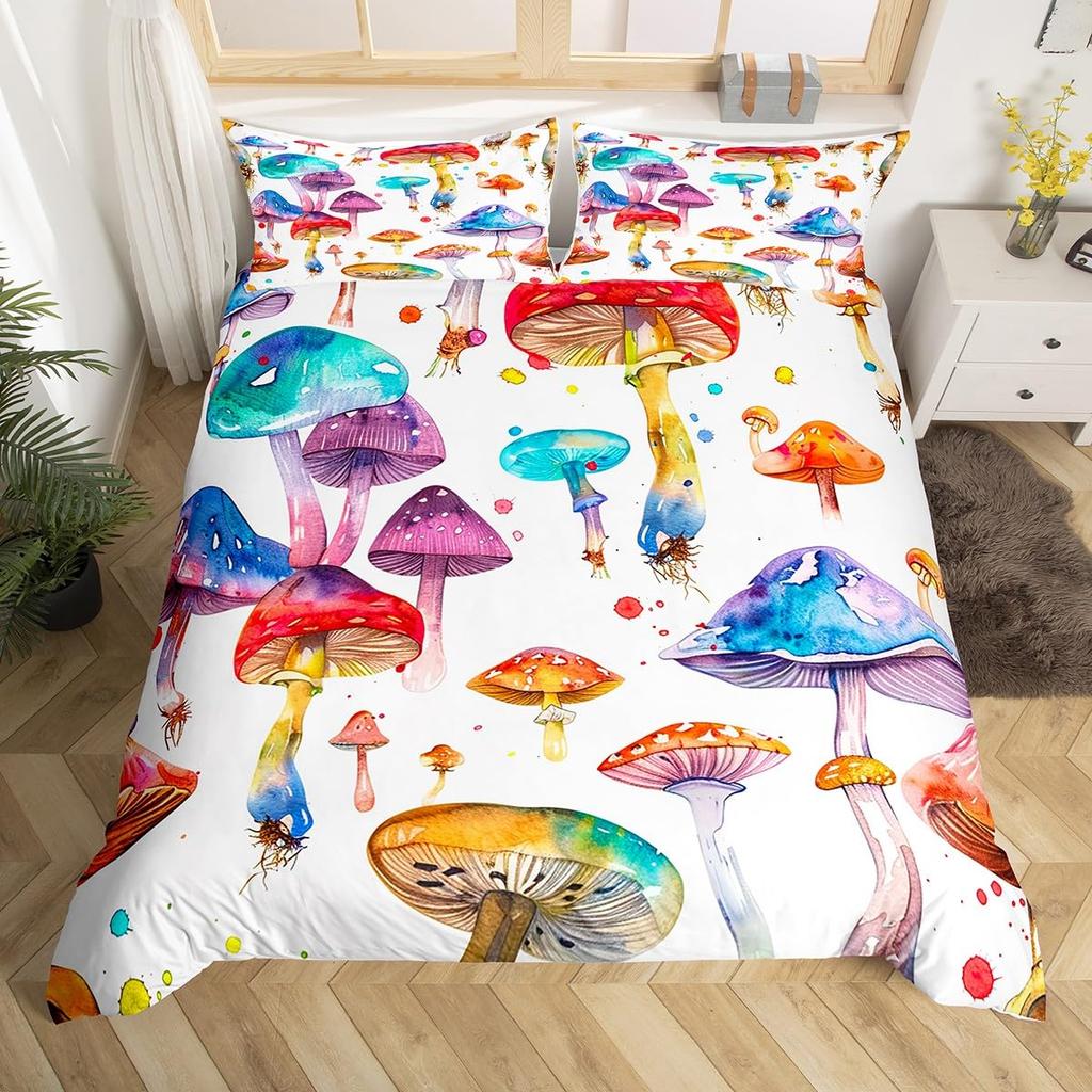 Comforter Wild Mushroom Bedding Set King Queen Cute Mushrooms Comforter Kawaii Fungus Cartoon Plant Leaves