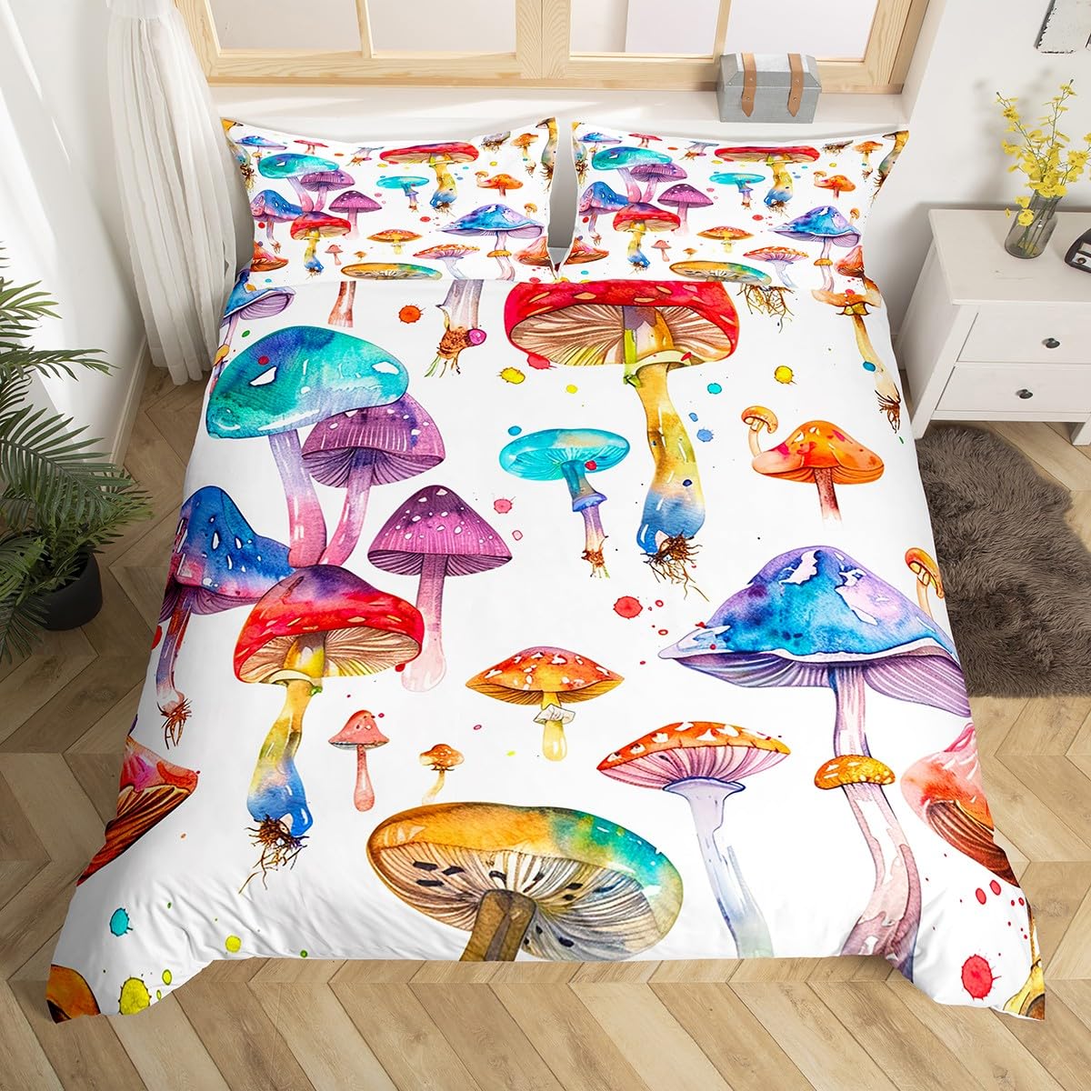 

Comforter Wild Mushroom Bedding Set King Queen Cute Mushrooms Comforter Kawaii Fungus Cartoon Plant Leaves Comforter (quilt)-EU Single(135*200cm)3pcs