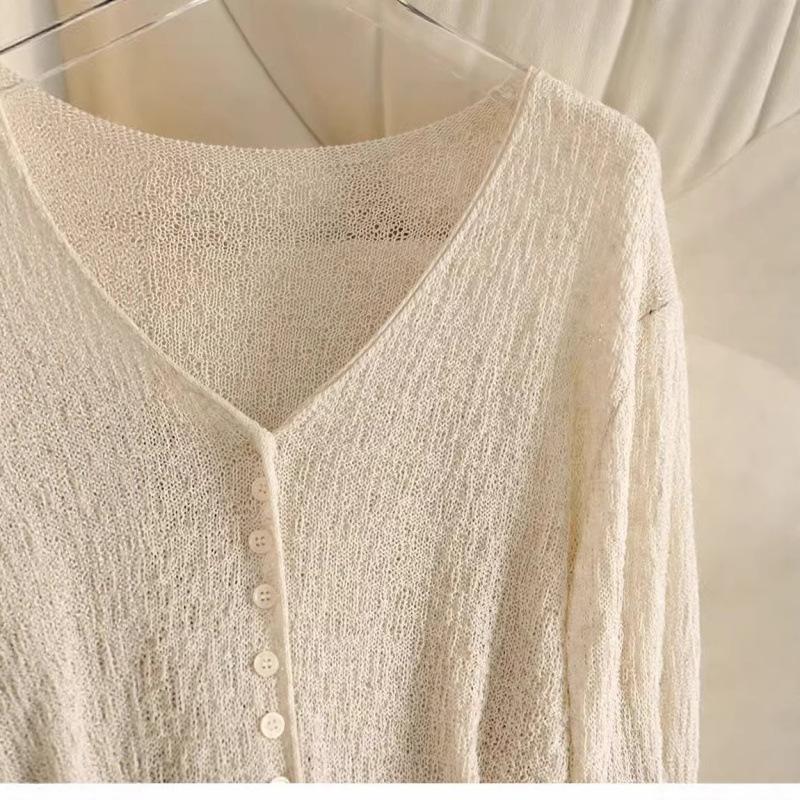 Dünne Pulloverjacken Damenbekleidung Ausgeschnitten Langarm Sommer Einfarbig Pullover V-Ausschnitt Lässig Gestrickte Cardigan Jacken