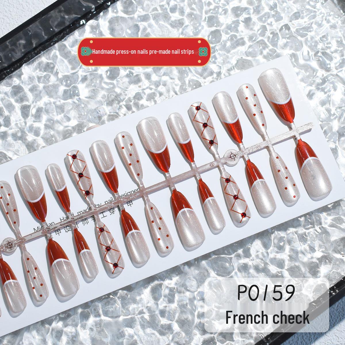 

P0159# New Year Red Festive Cat Eye Press-On Nails: Silver French, Long Almond, 30 Pieces