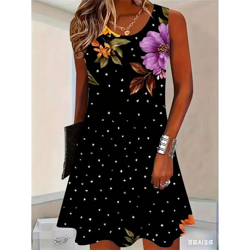 Women's Summer Boho Beach Vacation Dress Sexy Elegant Floral Sleeveless O-Neck Casual Loose Dress Top