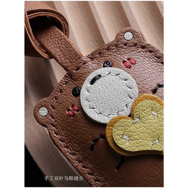 Teddy Bear Bag Keychain Genuine Leather Car Accessory Handmade Small Decoration