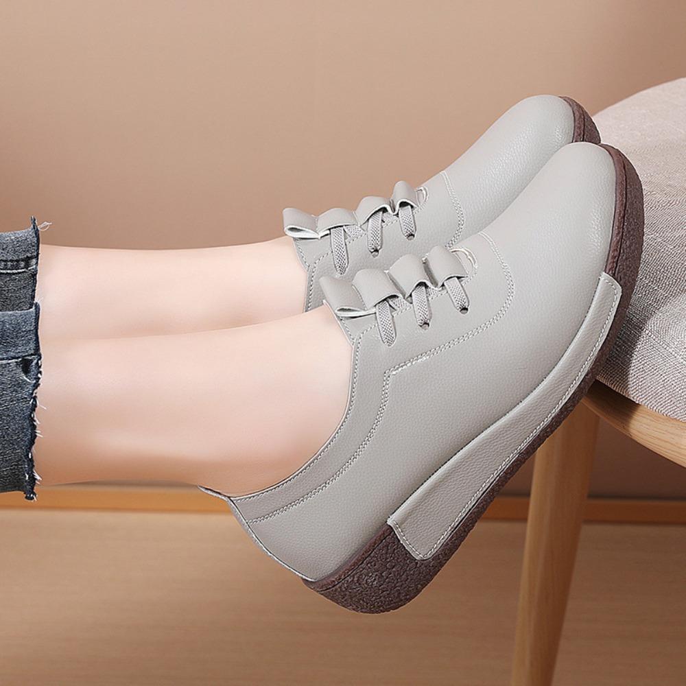 Thick Soled Sloping Heel Leather Casual Sports Shoes for Women