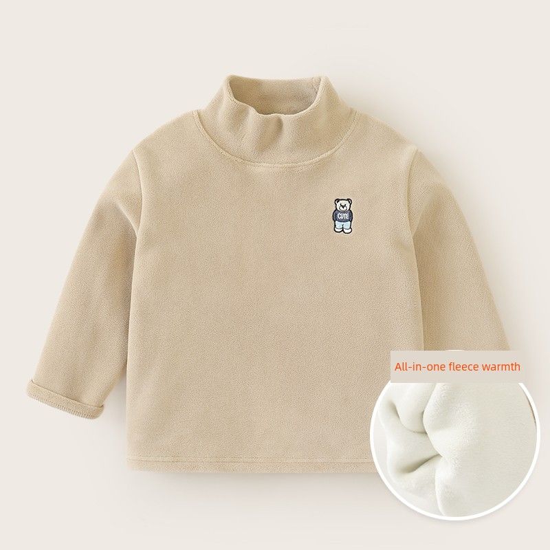 Style Children's T-Shirt with Fleece, Winter Half-High Collar Top, Girls' Base Layer Shirt, Baby Thickened Winter Clothing, Boys' Children's Clothing