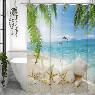Starfish Shell Shower Curtain, Ocean Beach Island Palm Tree Dolphin Starfish Shell Bathroom Decorative Shower Curtain, Waterproo