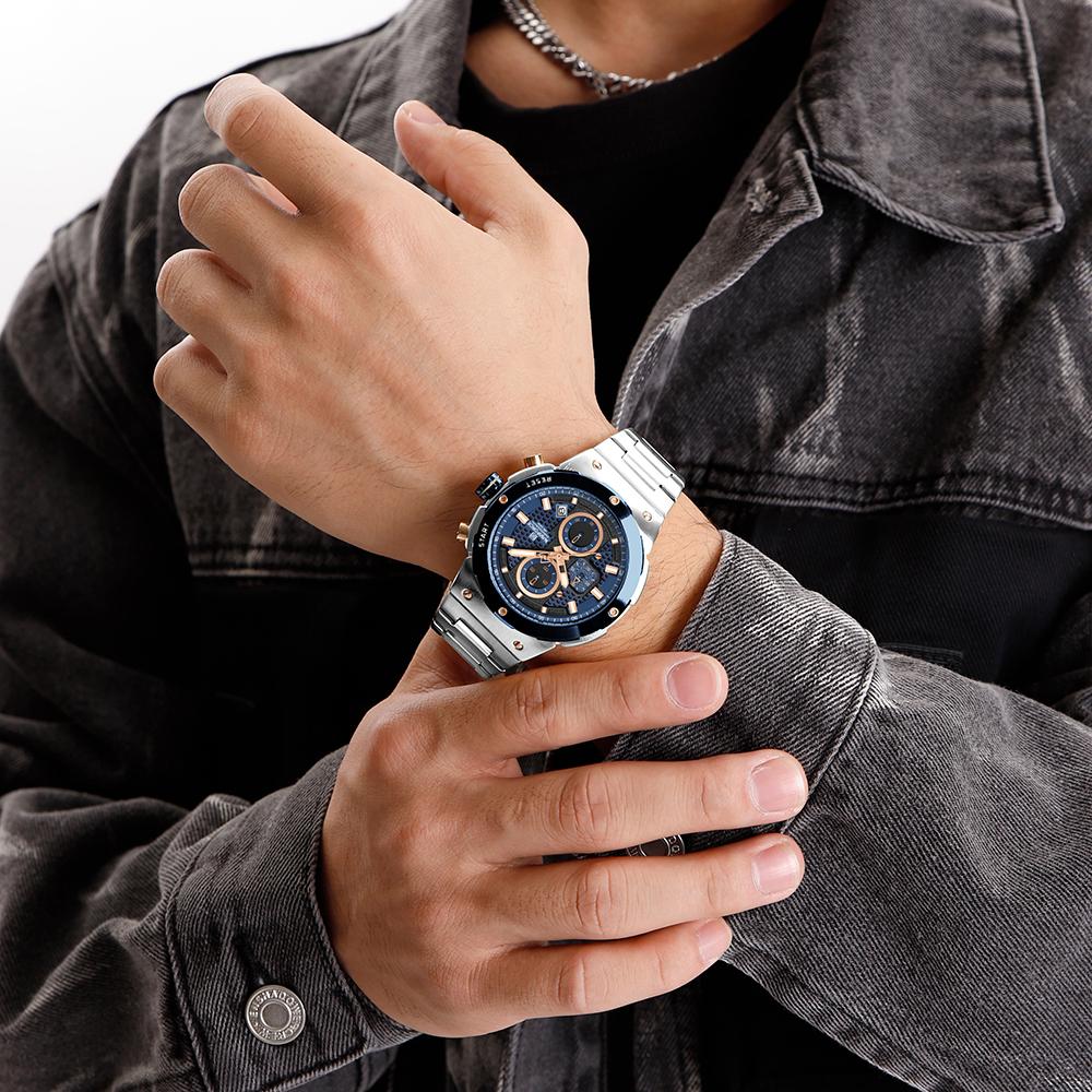 Naviforce Męski Zegarek Kwarcowy Wskazówkowy Stoper Chronograf Wodoodporny Pasek Ze Stali Nierdzewnej Kalendarz Luminescencyjny Męski Chłopięcy Modny Zegarek Casualowy NF8072