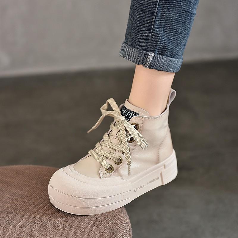 Johnature Genuine Leather Flat Platform Shoes Casual Round Toe Thick Soled Shoes Versatile Lace Up Short Boots