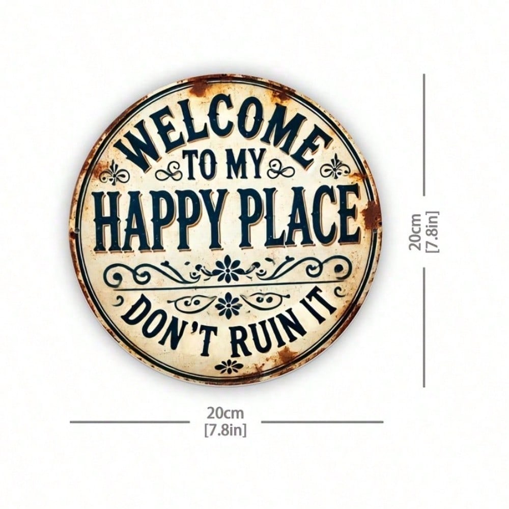 Vintage Style Happy Place Round Metal Sign Wall Art Home Decor Gift