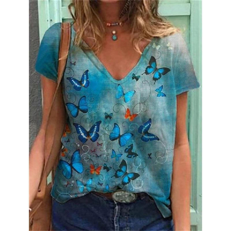 Ladies' Casual Summer Pullover V-neck T-shirt with Floral 3D Printing Short Sleeved Loose Women's Top T-Shirts Women’s