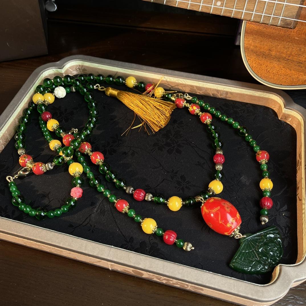 Винтажные глазурованные бусины куриное масло желтый старый материал глаз феникса, голубь яйцо подвеска веер длинное ожерелье Necklace