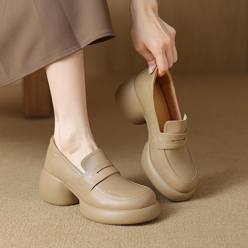 Fashion NEW Spring/Autumn Women Loafers Round Toe Chunky Heel Shoes Genuine Leather Shoes for Women Slip-on Platform Shoes Women Pumps