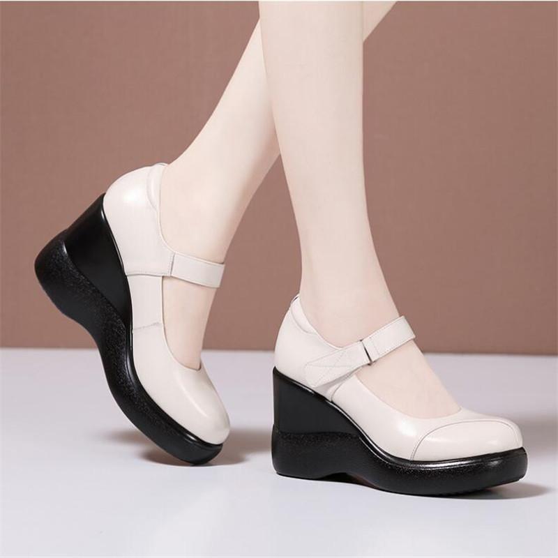 Scarpe Donna in Vera Pelle Scarpe con Plateau da Donna Scarpe Zeppa Punta Tonda da Donna Moda Comfort Morbida Pelle di Mucca Scarpe per Mamma 32-43