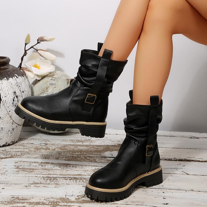 Damskie botki na szeroką stopę z okrągłym noskiem na słupku - marszczone botki slouch z klamrą na jesień/zimę, retro brytyjski styl, botki na masywnym obcasie