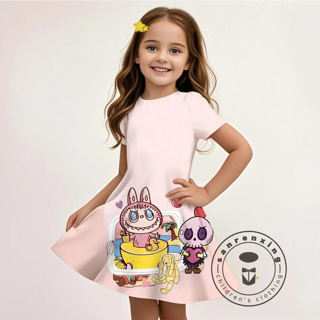 Vestido de Dibujos Animados 3D L-LABUBU Barato Nuevo Niños Niñas Moda Verano Casual Regalo Gratis 100% Ropa Cosplay