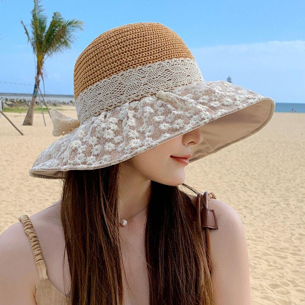 Lace Ribbon Bow Straw Bucket Hat UV Protection Beach Hat Straw Sun Hat  Outdoor Beach Travel