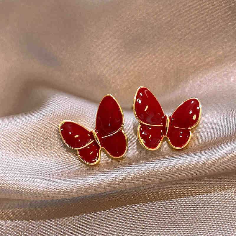 French retro Hong Kong style red geometric resin earrings stud earrings personality temperament earrings women