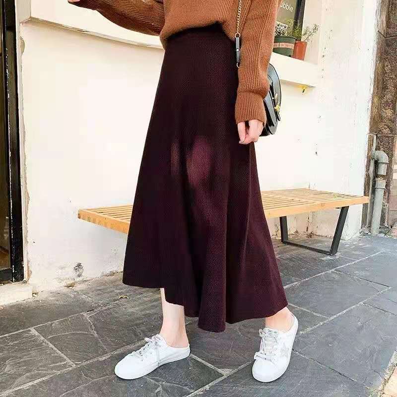 Women's Knitted High Waist Skirt Dress Autumn Winter Ladies Elegant Party Midi Skirt A Line Thicken Warm Skirts Female