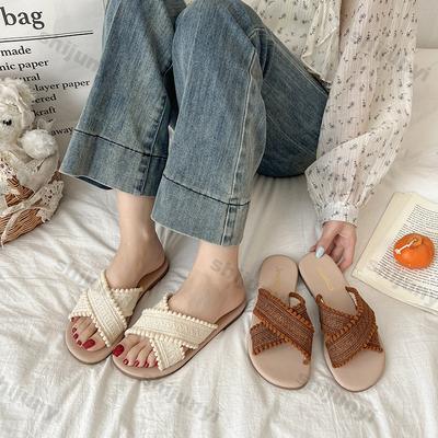 Fashion 2025 New Bohemian Women's Beach Slippers Lightweight Comfortable Fashionable Flat Casual Shoes Outdoor Slip On One Word Sandal