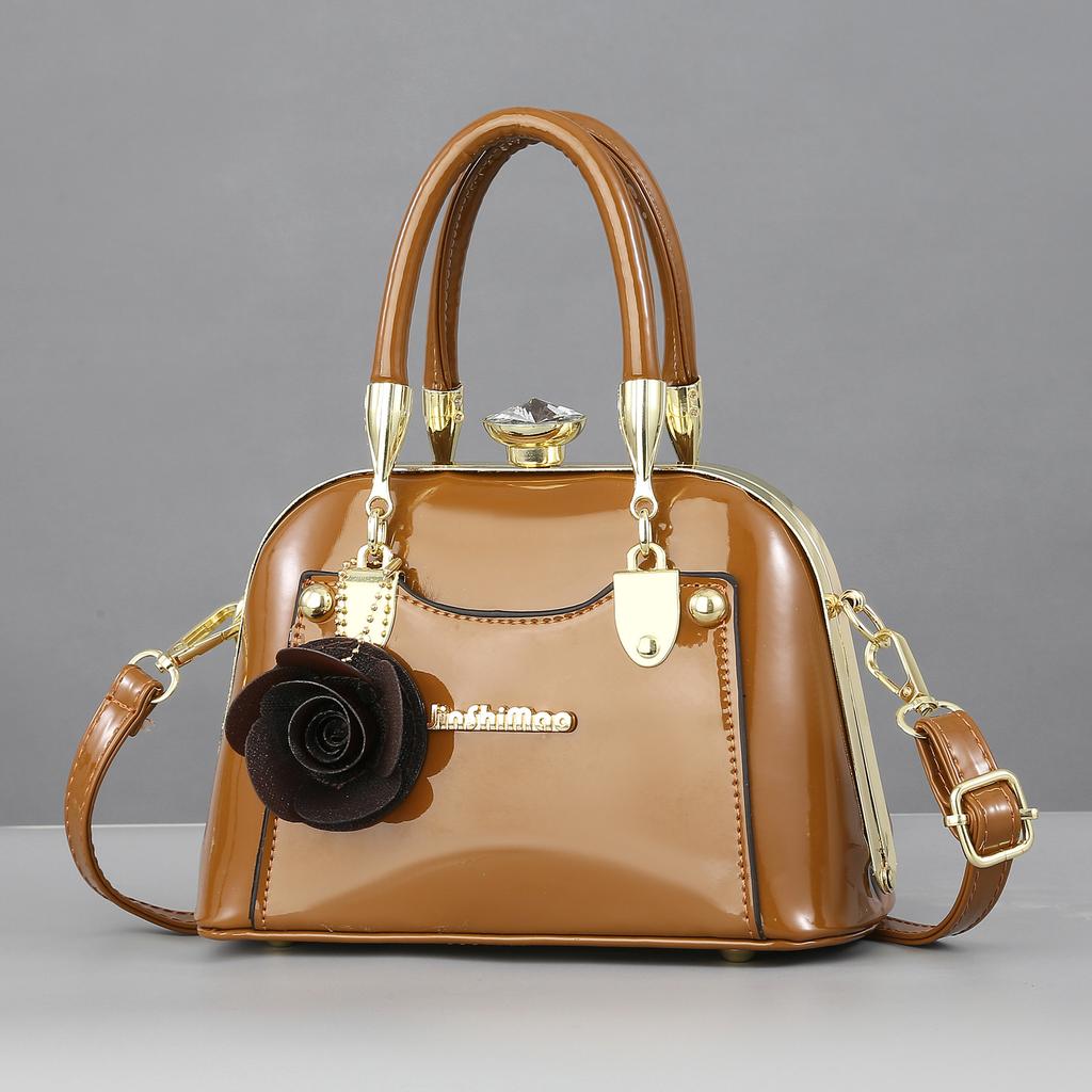 Textured bright leather European and American fashion handbag shoulder bag large capacity messenger bag shell bag dinner bag