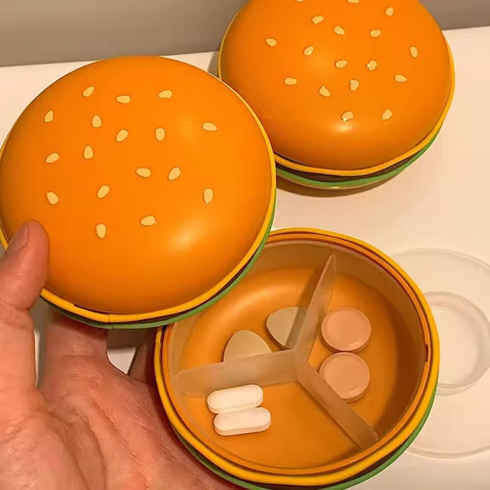 Caixa de Pílulas Portátil de Hambúrguer de Desenho Animado Fofo - Compartimentos Independentes de Grau Alimentício Vedados Organizador de Medicação para Viagem/Diário