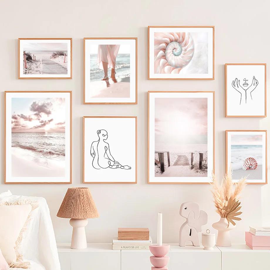 Canvas Painting Summer Pink Sunny Bridge Beach Conch Line Girl Posters And Prints Nordic Wall Art Pictures Living Room Decor