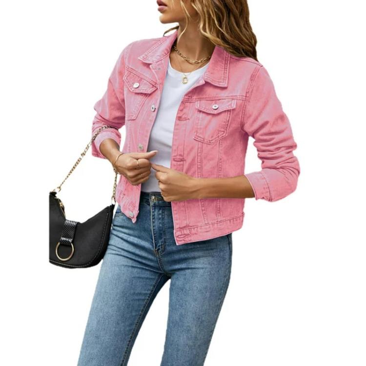 Fashion Women Slim Denim Jacket Casual Slimming Top With Pockets Blouse