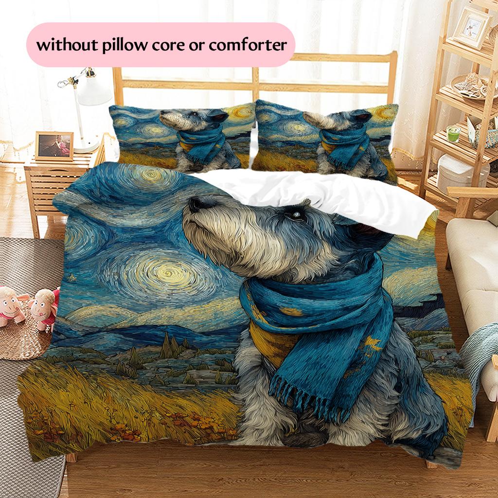 Scarf-wearing Dog at Night Pattern Bedding Quilt Set Home Decoration Gift (1 * duvet cover + 2 * pillowcase without core)