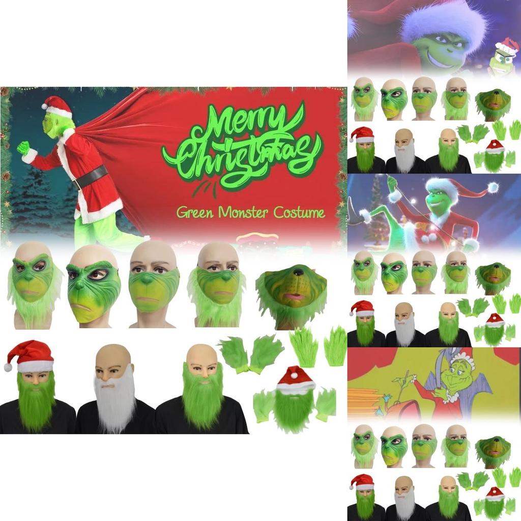 Grinch Half Face Mask With Green Hair And Whimsical Design For Christmas Celebrations
