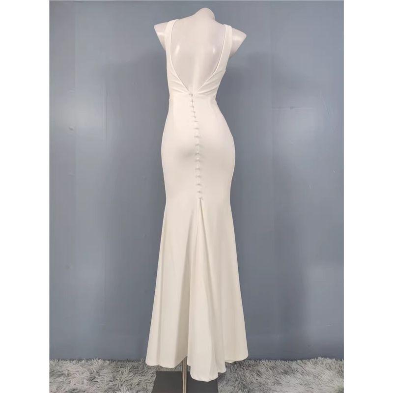 

Export Single Lu Home Fastener Decoration Front and Rear Double V-neck Slimming Sheath Fishtail Dress Pure White Long Dress Fairy White XXS