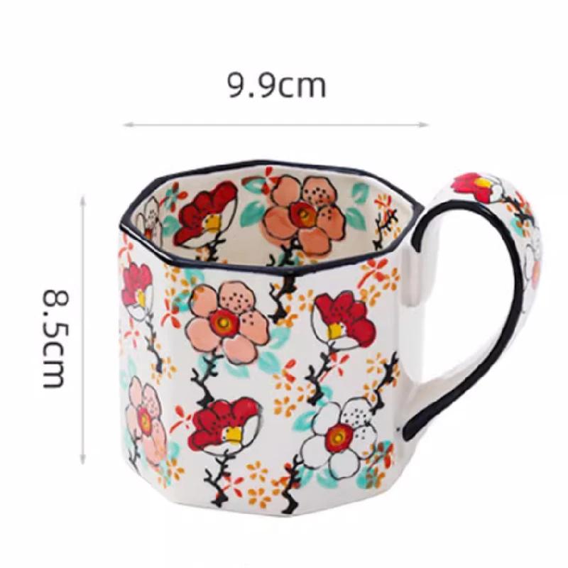 400ML Retro Blumenbecher Keramik Kaffeetasse Polygon Milchteetasse Küchenbar Zubehör Frühstück Milchbecher Büro Trinkbecher