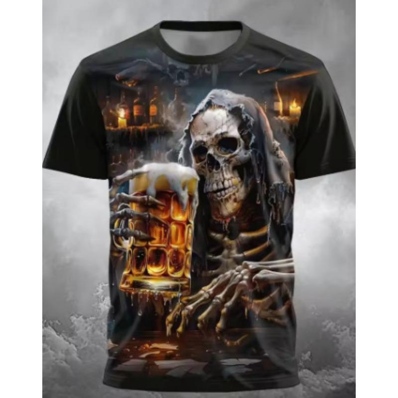 Summer Round Neck 3D Grim Reaper Skull Print Top Fashionable Casual Short Sleeved Men's T-shirts