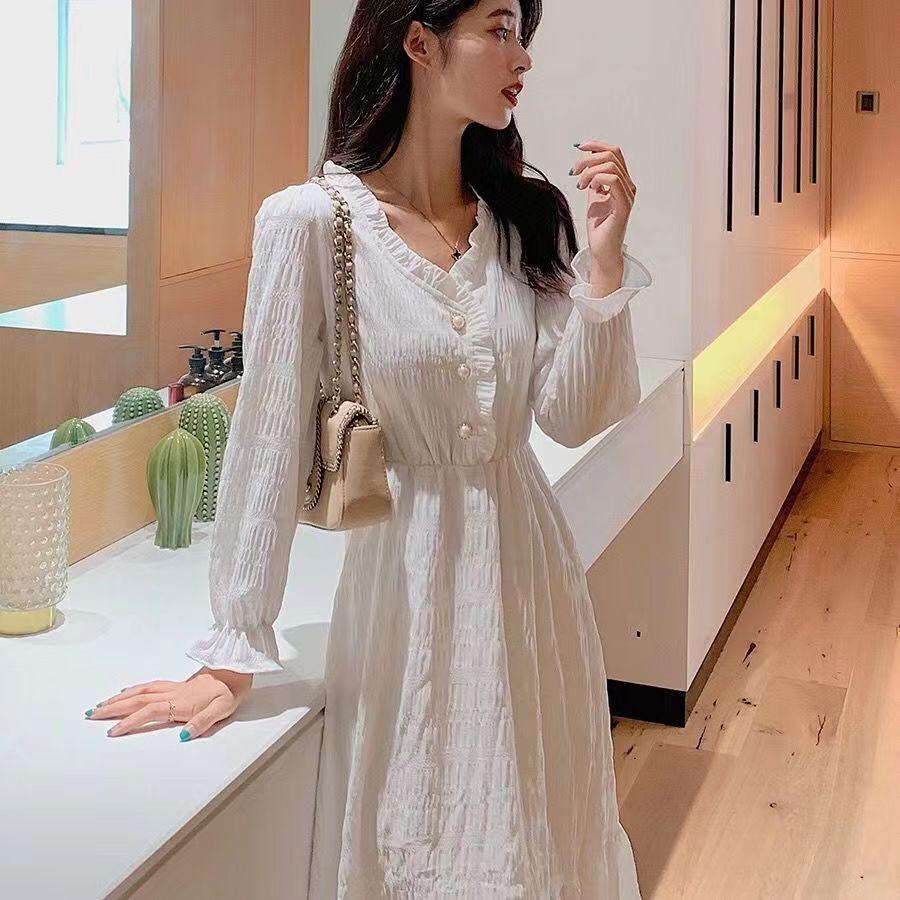Student Spring French White Long Sleeve Dress for Women, Waist Empire Line, Slim Fit, Midi Length