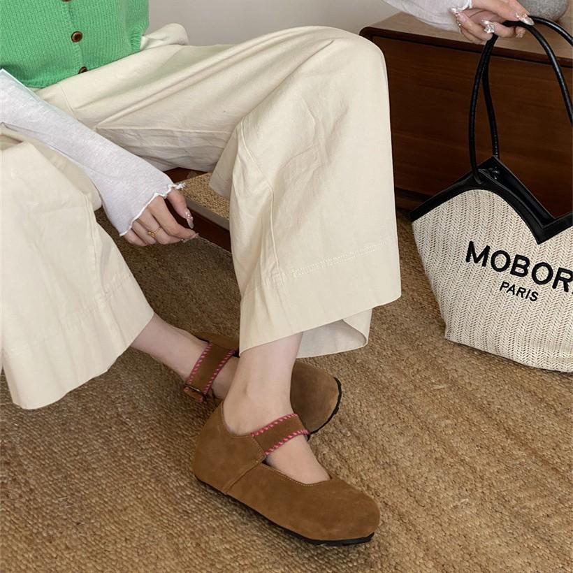 Echtes Rindsleder Mary Jane Schuhe mit runder Spitze Retro Boken Schuhe 2025 Einwort mit flachem Boden Taschenkopf Einzelne Schuhe Damen