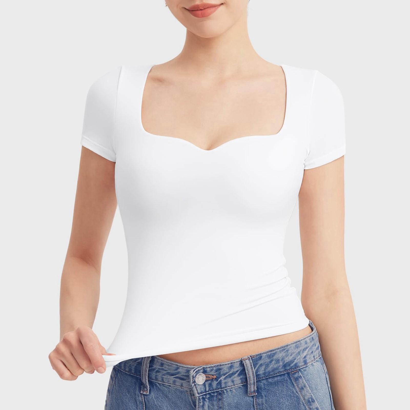 

Жіноча літня сексуальна приталена футболка з короткими рукавами та коміром у формі серця XS білий