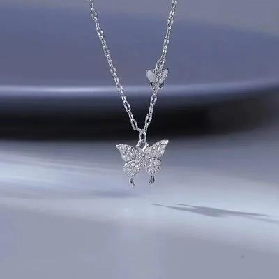 925 Sterling Silver Butterfly Necklace Women Crystal Zircon Pendant Necklace for Women Girl Crystal Chain Necklace Party Jewelry