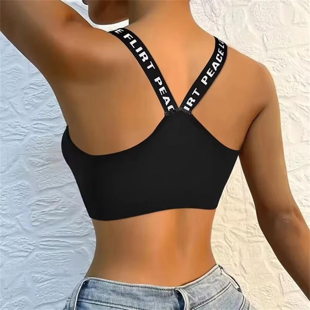 Ropa interior deportiva Mujer Yoga Fitness Top corto sin costuras Tirantes anchos con letras Cómodo Ropa deportiva activa para entrenamiento