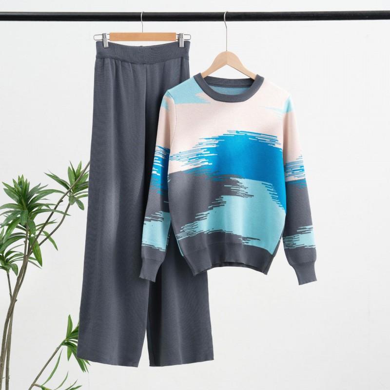 

Korean All-matching Long-sleeved Sweater Contrasting Round Collar Pullover Loose Long Wide-leg Pants Fashionable Two-piece Suit one size сірий