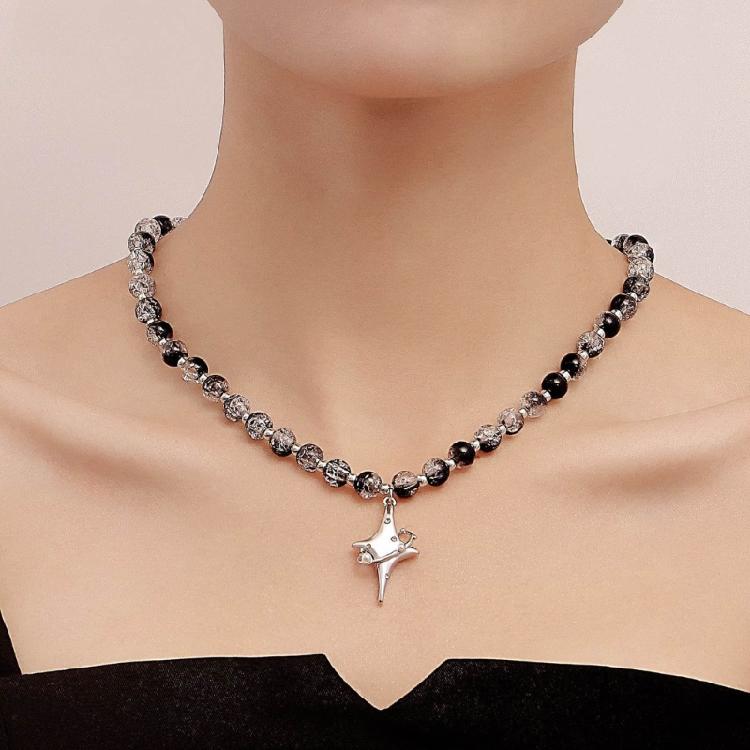 Vintage Beaded Crossed Star Necklace for Women Fashion Aesthetic Y2k Jewelry