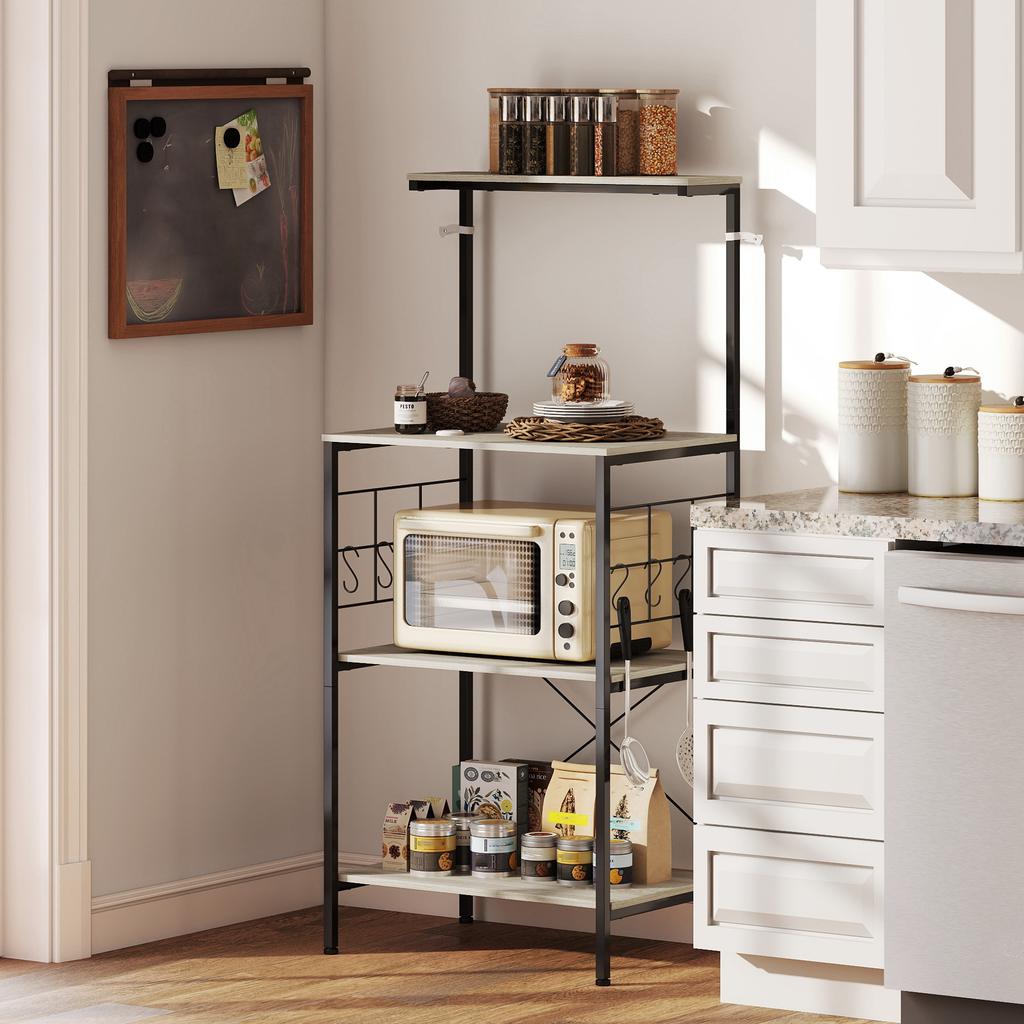 Kitchen shelf, microwave support, with a grid panel, 8 hooks, 60 x 42 x 134.5 cm, oak