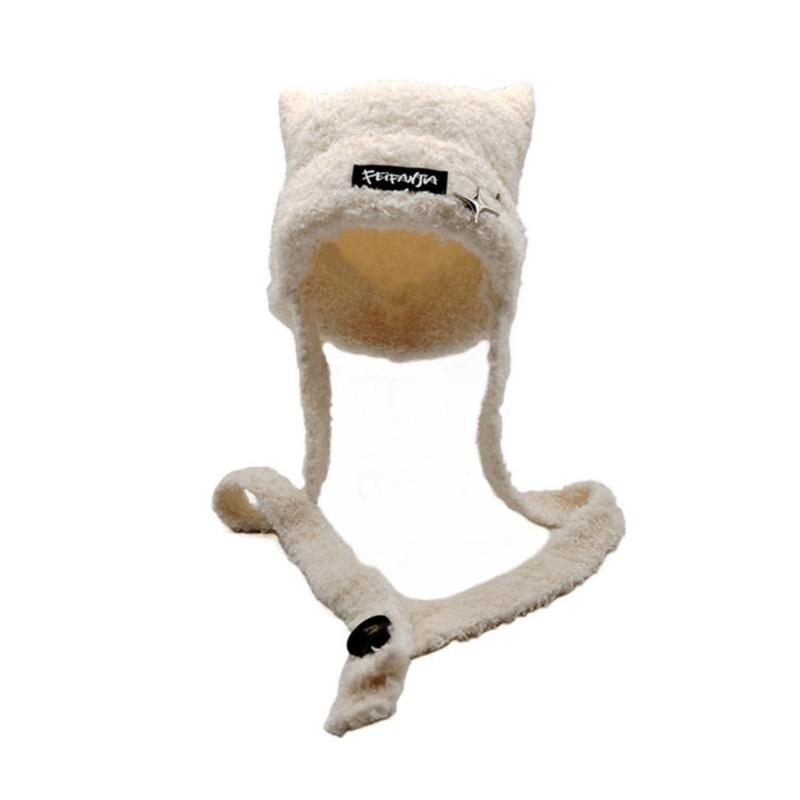 2in1 Crochet Cat Ear Trapper Hat Winter Knit Beanie Hat Can Be Turned into Bag for Adult Teens Windproof Commute Hat