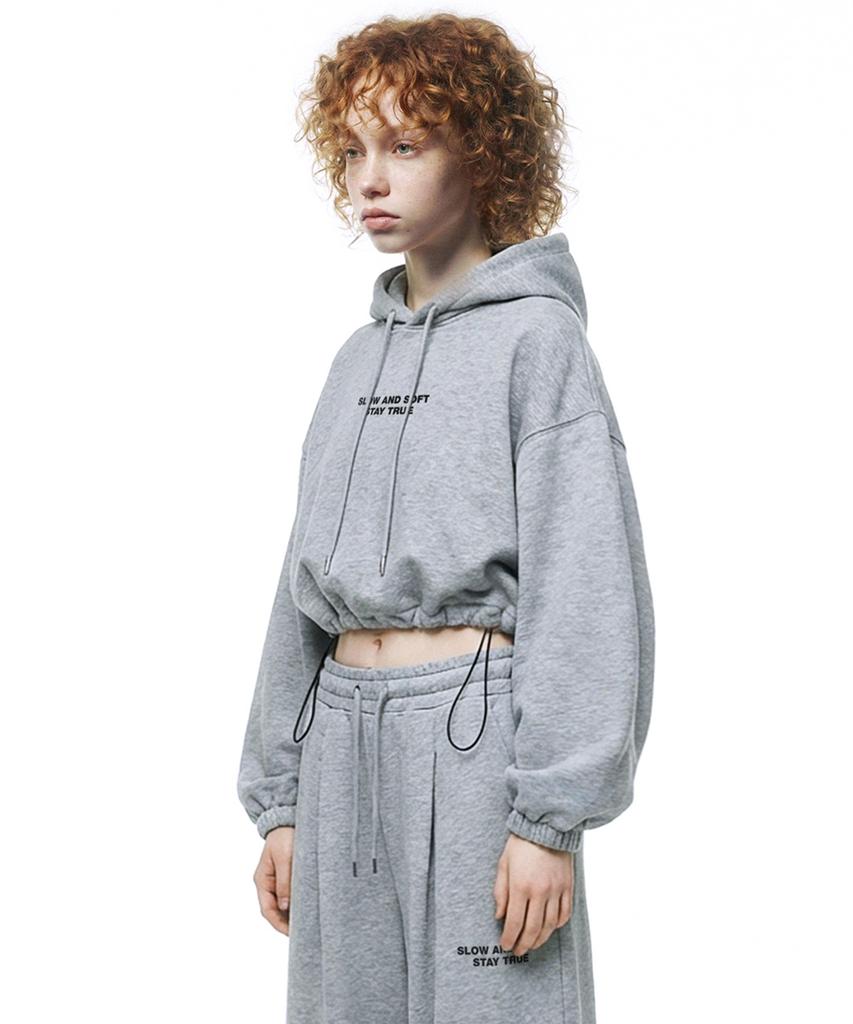 Small Slow And Soft String Oversized Crop Hoodie - Melange
