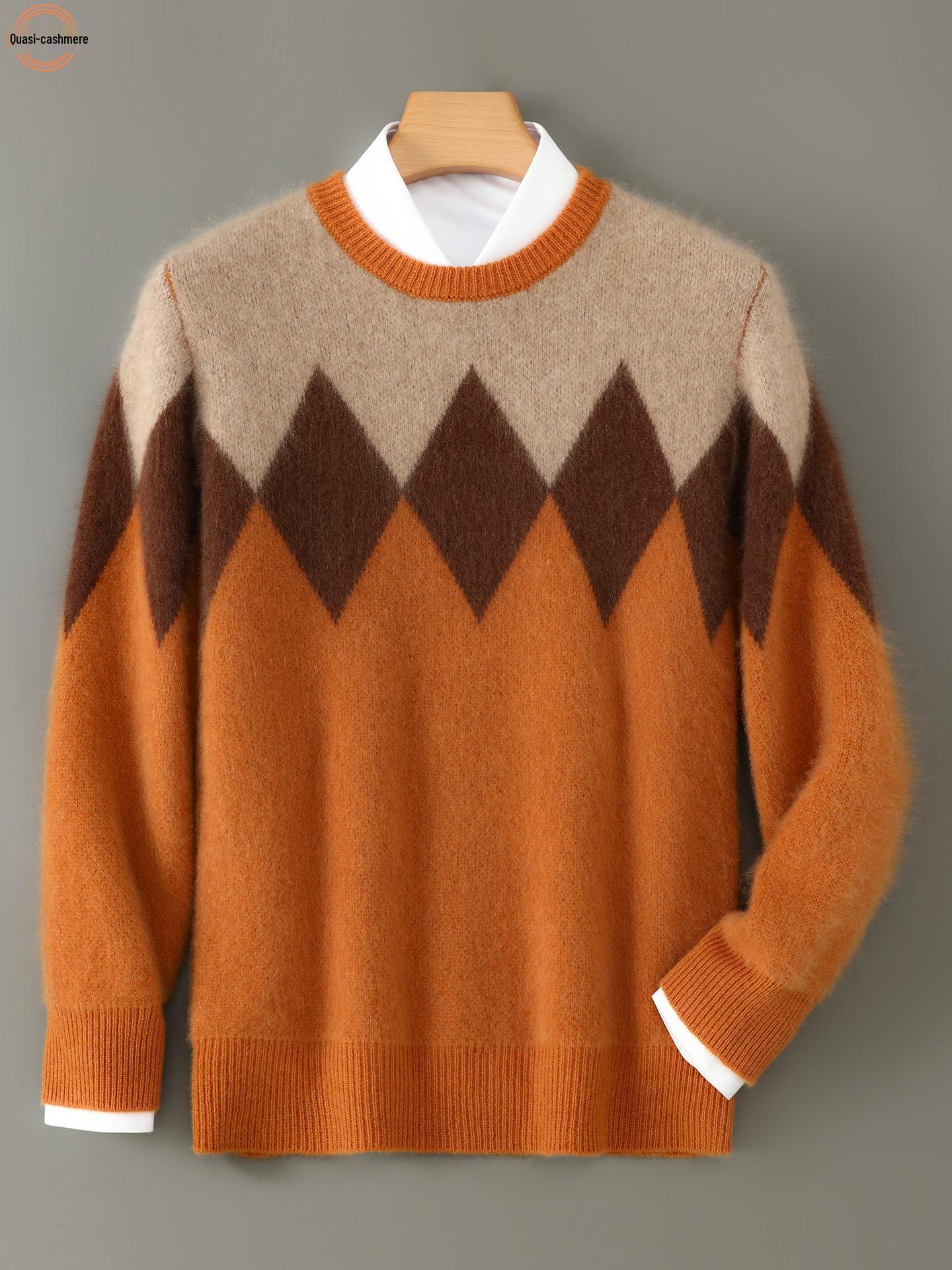 Men s Thick Double-Strand Pure Wool Round Neck Sweater with Diamond Jacquard Pattern, Warm Loose-Fit Color Block Design XXL