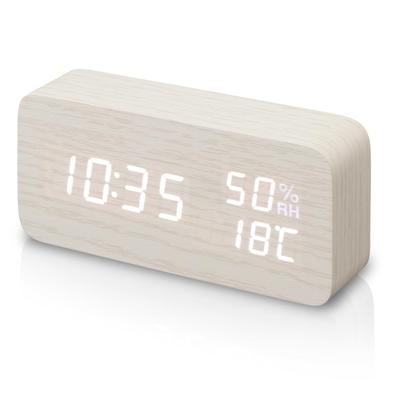 IRIS OHYAMA Digitale Wekker met Helderheid Temperatuur en Luchtvochtigheid Tabel Energiebesparend Houtnerf Wit Aanpassing, Display, Klok, Modus, Design,