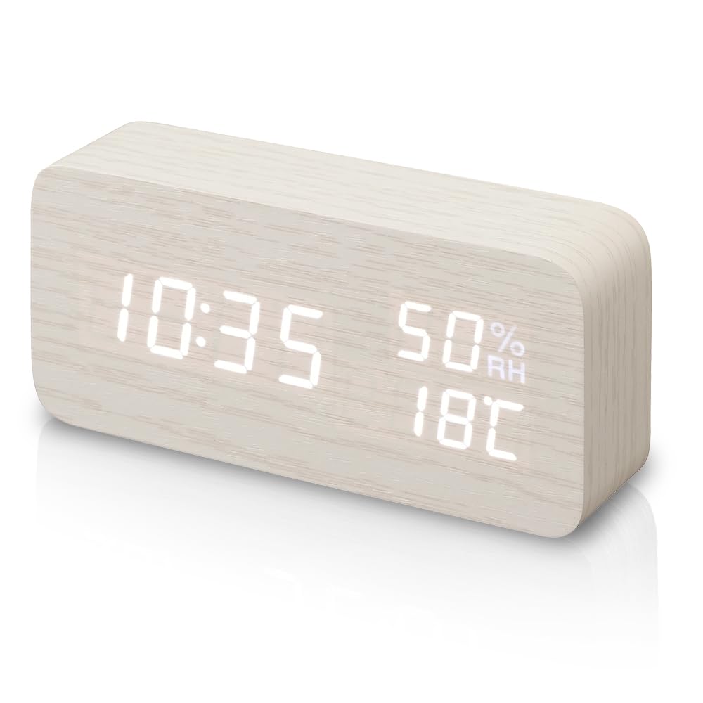 

Цифровой будильник IRIS OHYAMA с яркостью, температурой и влажностью, энергосберегающий, с белой отделкой под дерево, регулировка, дисплей, часы, режим, дизайн,