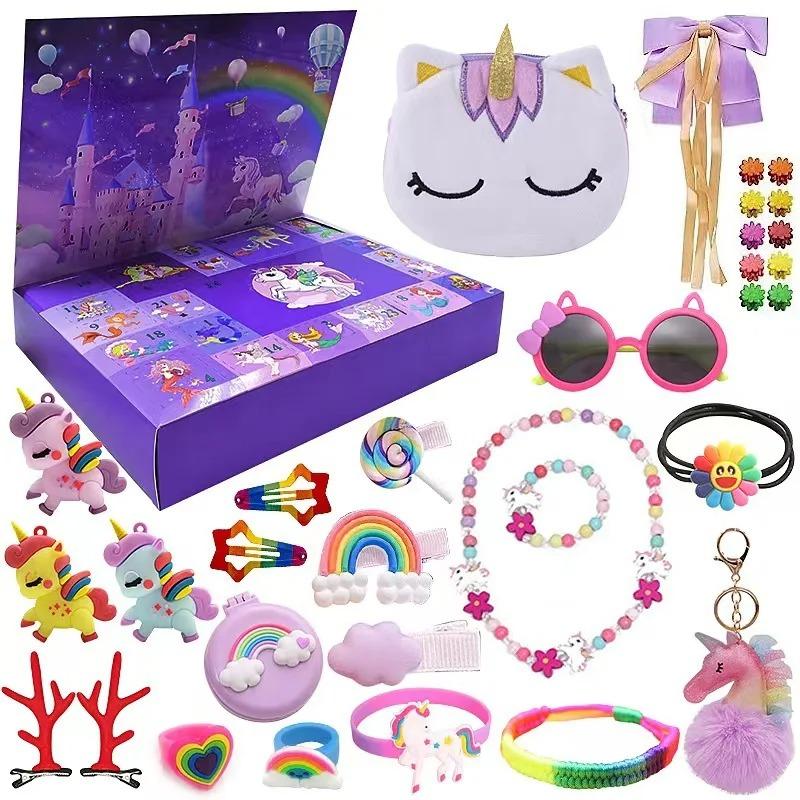 Hot Pink Christmas Advent Calendar Box for Girl Gift Mermaid Unicorn Princess Dress Up Jewelry Hairpin 24Day Countdown Calendar Gift Box