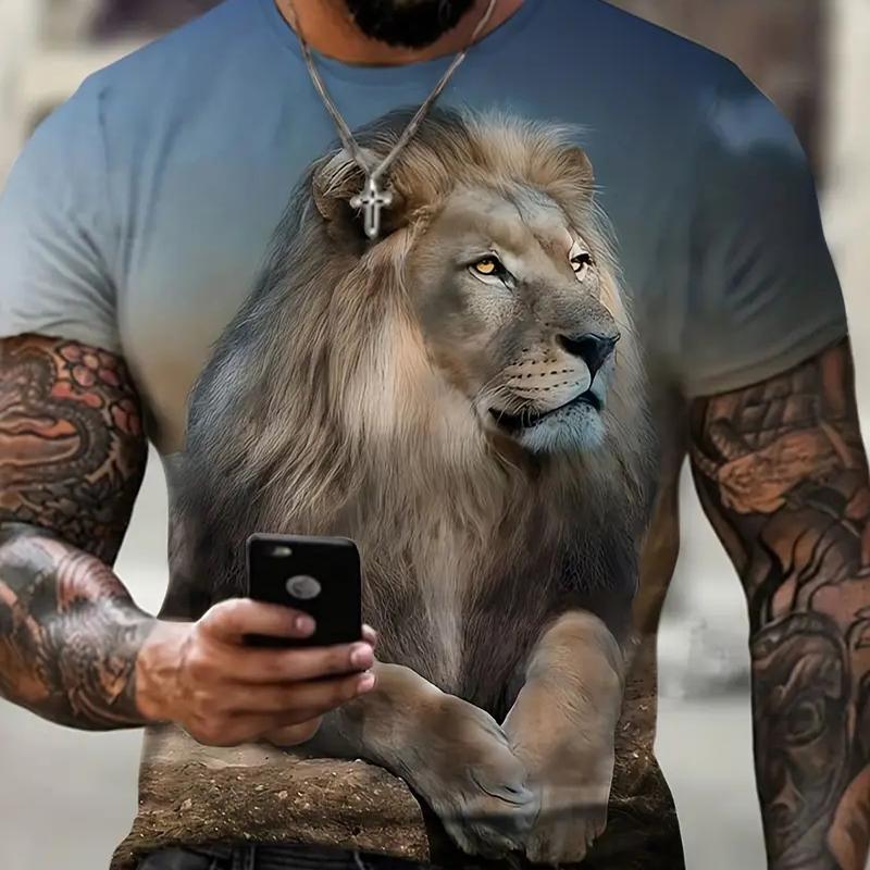 New Summer Men's Fashion T-shirt Personality Lion Printed Men's T-shirt Top