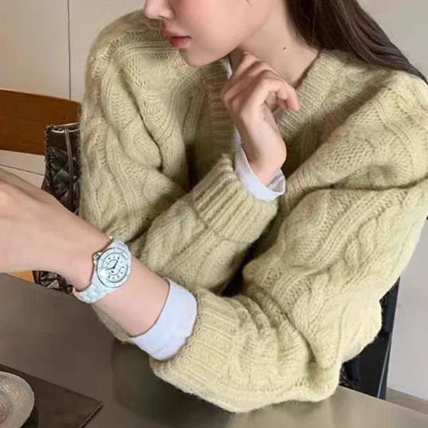 Che Jingyuan Style Light Green V-Neck Cable Knit Cardigan - Women's Korean Winter Sweater